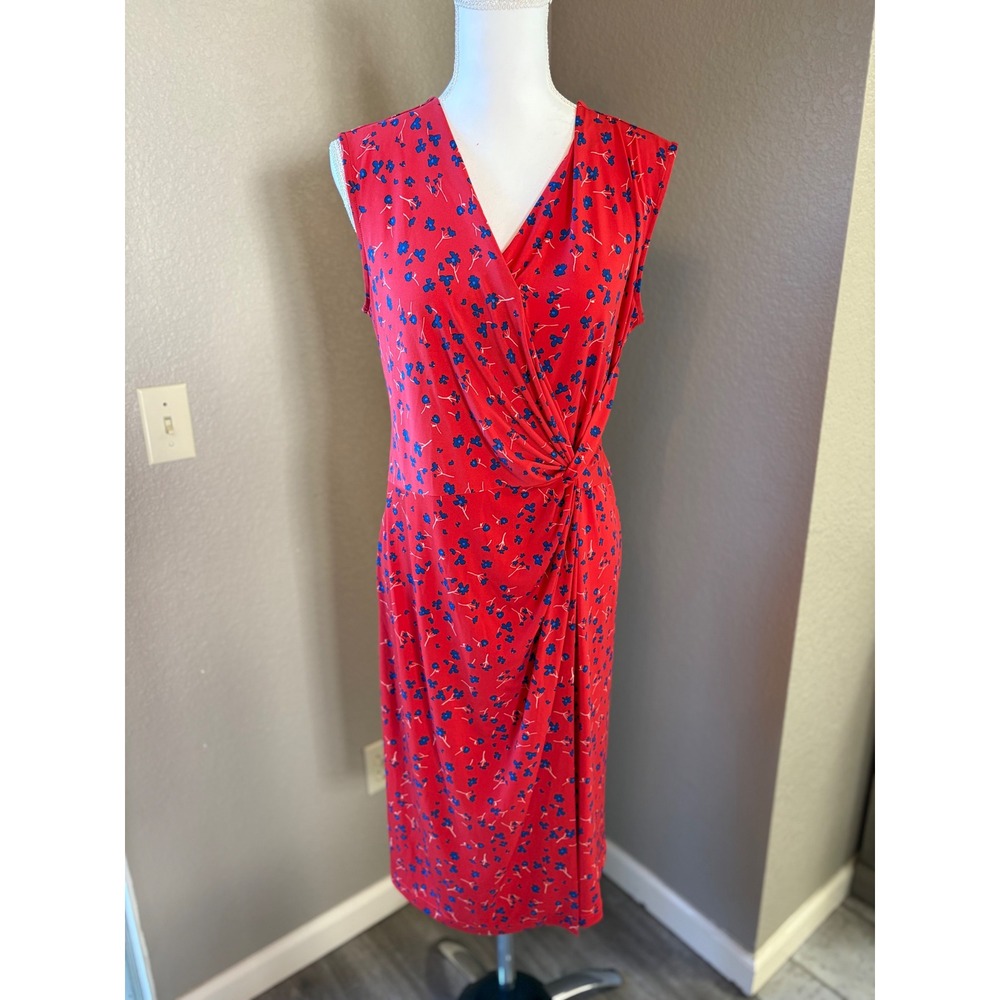 Banana Republic Red Blue Floral Faux Wrap Knot Front‎ Midi Dress Womens Size M